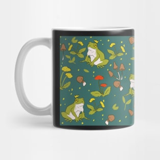 Cottagecore frogs and mushrooms and flowers on peacock green Mug